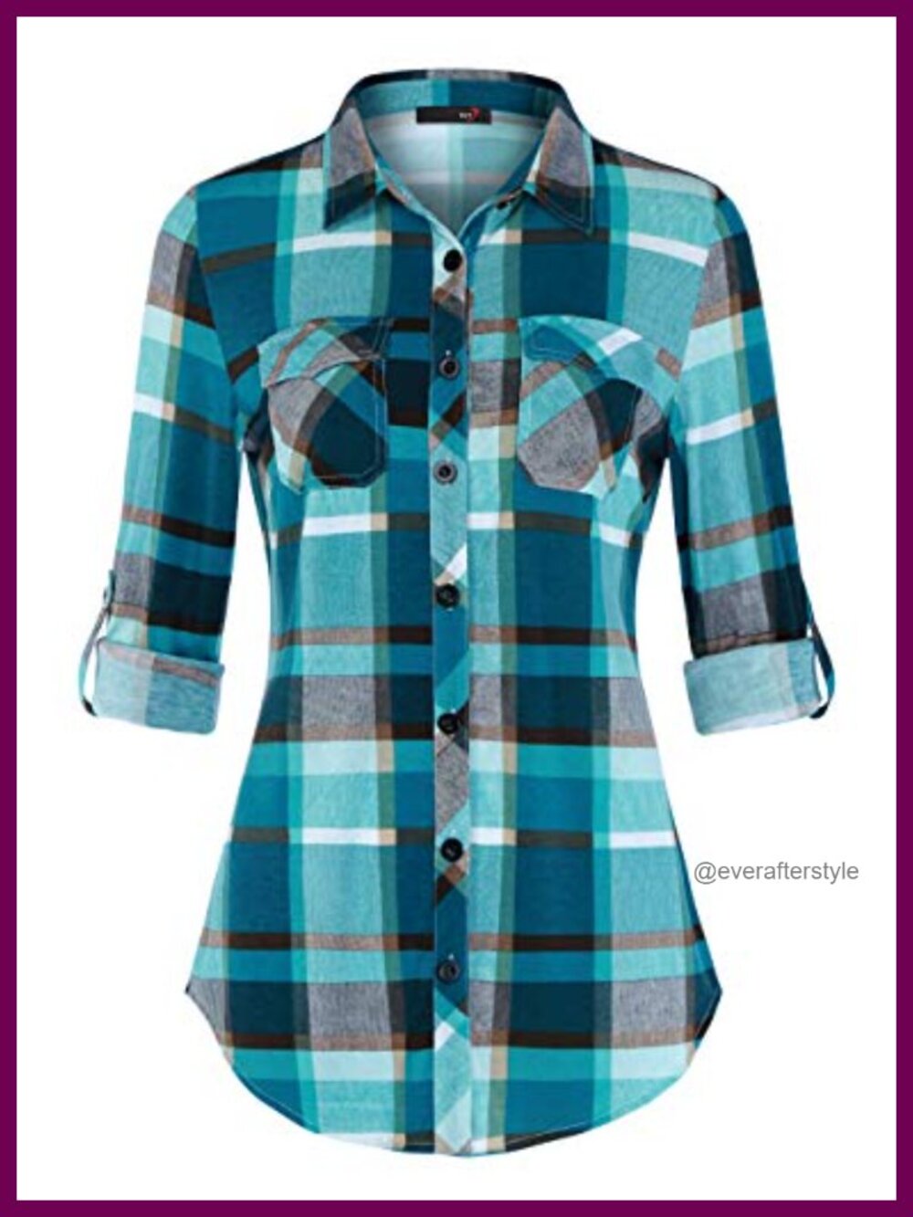 Women's Stretchy Knit Plaid Button Down Shirt Roll Up Long Sleeve Blouse